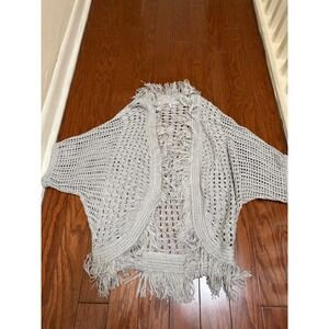 Women Grey Open Knit Fringe Cardigan Boho Crochet Cocoon Sweater S/M
